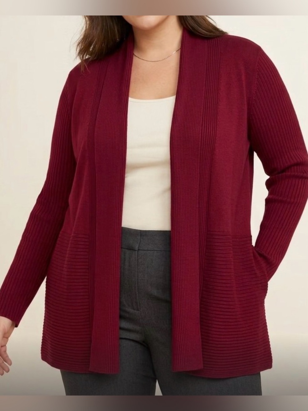 Liz Claiborne Open-Front Wine Red Draped Ribbed Cardigan Cozy Fall 1X Burgundy